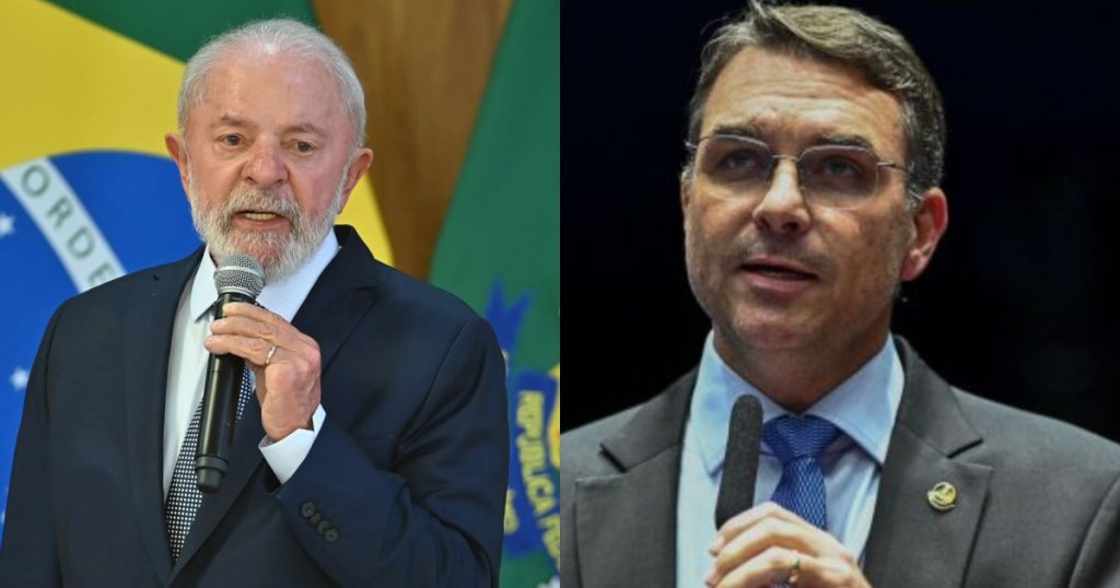 Montagem mostrando o presidente Lula e o senador Flávio Bolsonaro em contexto de investigação da Polícia Federal.