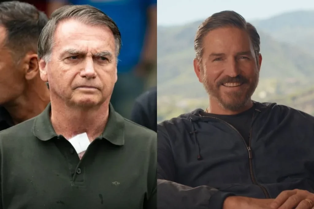 Ator Jim Caviezel caracterizado como Jair Bolsonaro com a faixa presidencial no pôster do filme Dark Horse