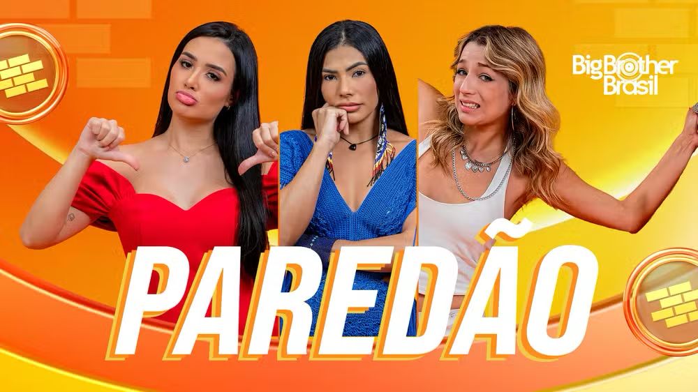 As participantes Jordana, Marciele e Samira em destaque durante a formação do décimo quarto paredão do reality show Big Brother Brasil 26.
