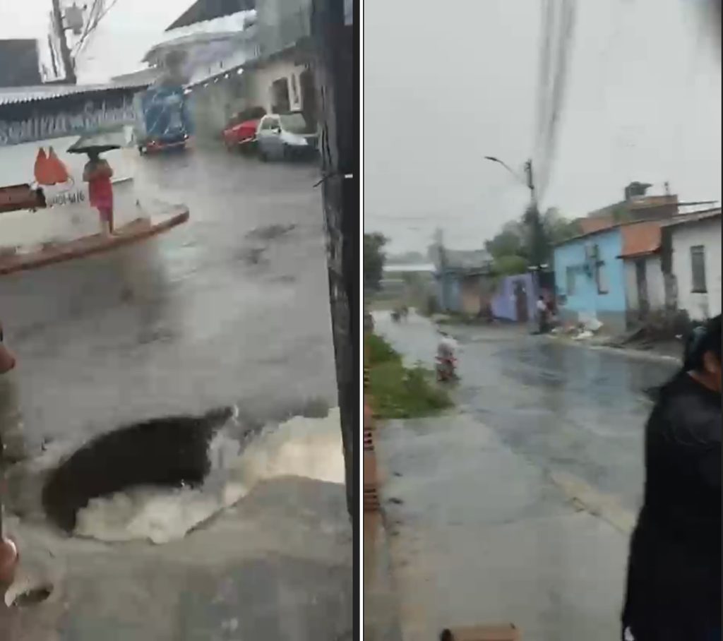 Criança sendo resgatada de bueiro após ser levada por enxurrada durante forte chuva em Manaus