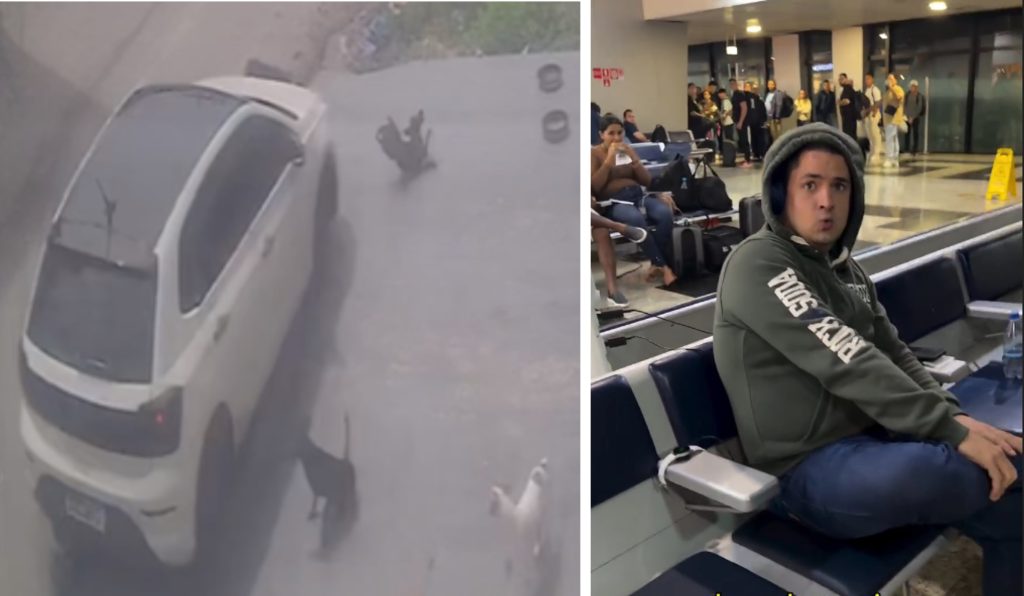 Homem suspeito de atropelar cães em Manaus sendo preso por policiais no aeroporto.