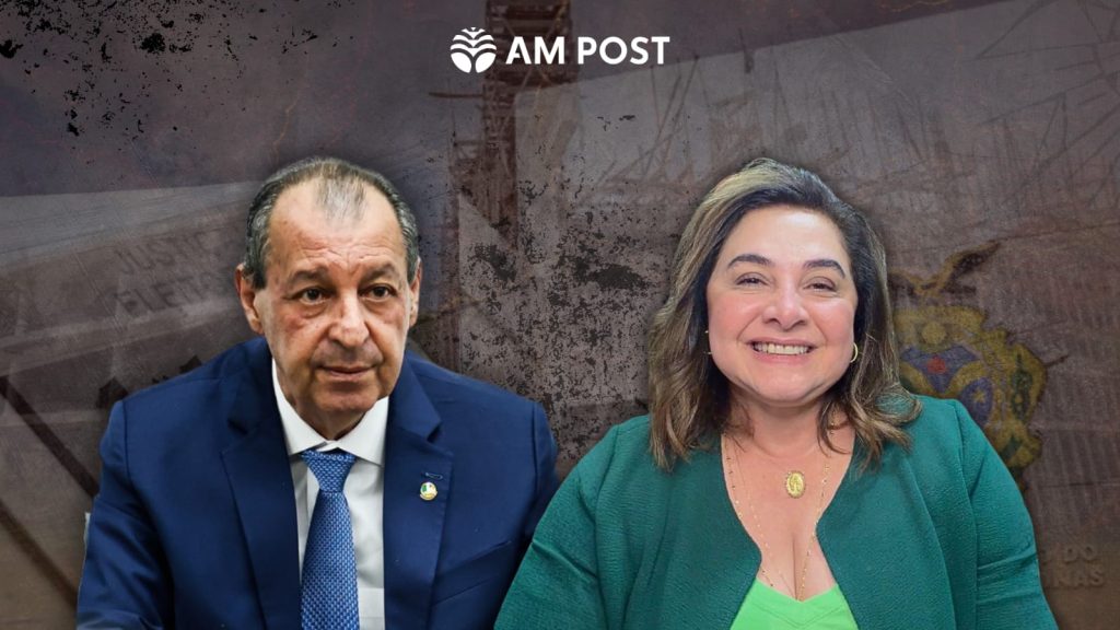 Arte com fotos de Omar Aziz e Maria do Carmo para as eleições 2026 no Amazonas