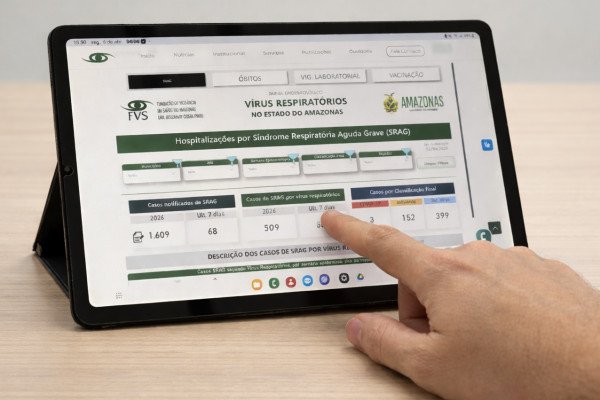 técnicos da fundação de vigilância em saúde do amazonas em laboratório analisando amostras de vírus respiratórios durante período chuvoso