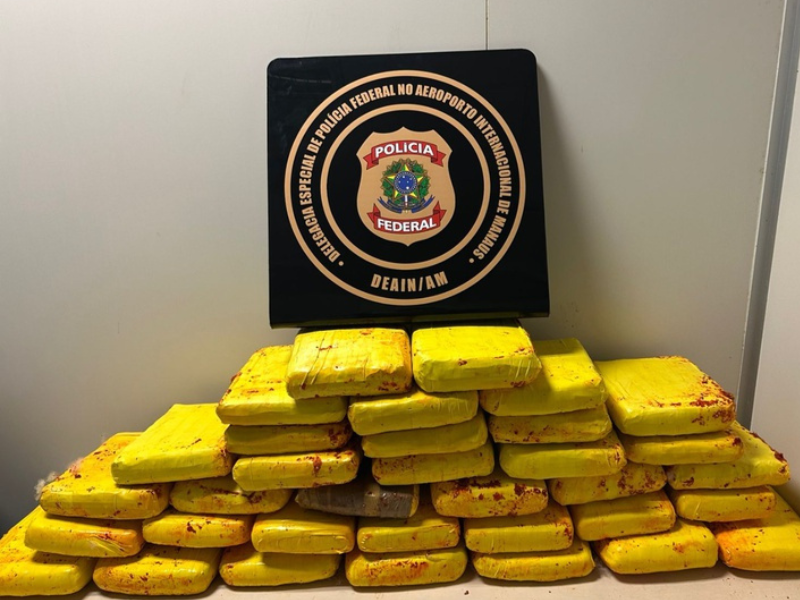 Tabletes de skunk apreendidos pela policia federal no aeroporto de manaus dentro de malas de viagem