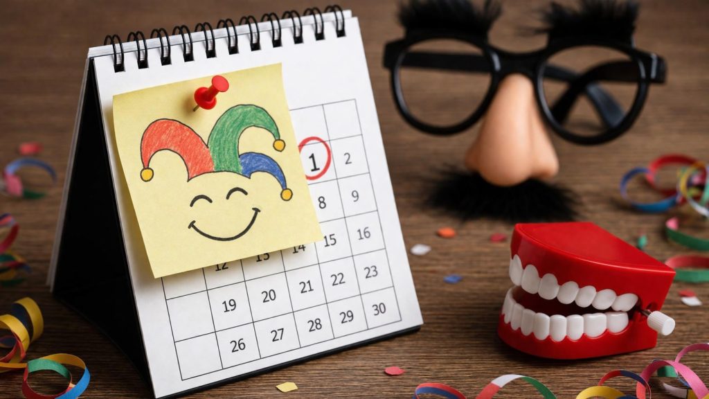 ilustracao sobre o dia da mentira com elementos de humor e pegadinhas