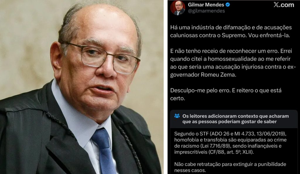 Captura de tela de rede social mostrando publicação de Gilmar Mendes com nota de contexto sobre legislação e Romeu Zema.