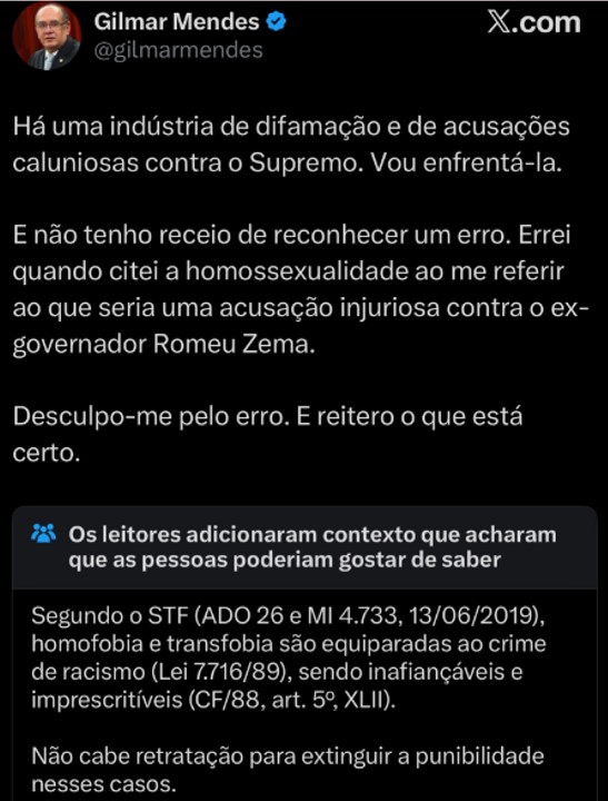 Captura de tela de rede social mostrando publicação de Gilmar Mendes com nota de contexto sobre legislação e Romeu Zema.