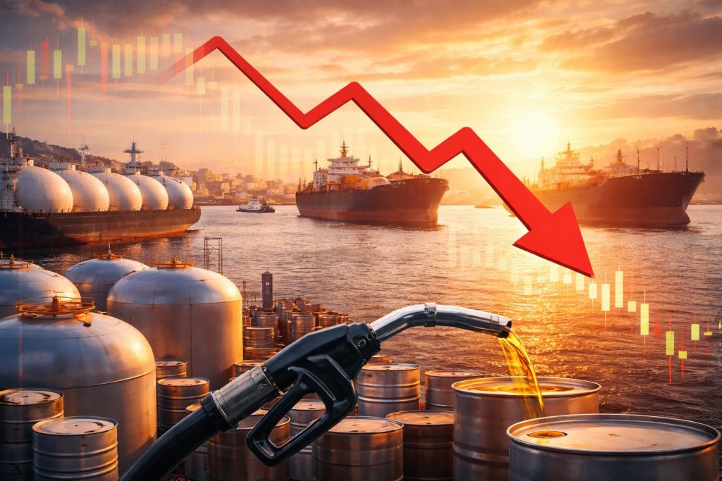 Gráfico econômico ilustrando a queda acentuada nos preços do gás e petróleo após anúncio de cessar-fogo.
