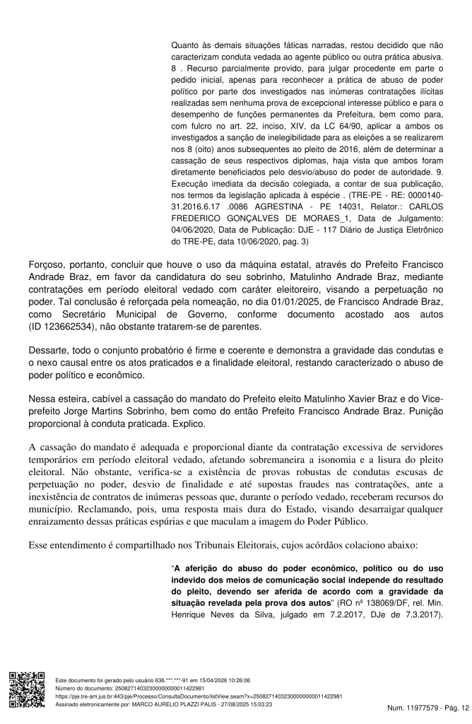 Documentos do processo da justiça eleitoral sobre a cassação do prefeito de Caapiranga no Amazonas.