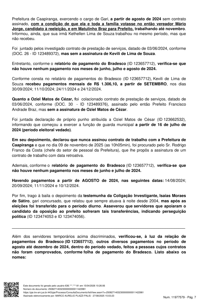 Documentos do processo da justiça eleitoral sobre a cassação do prefeito de Caapiranga no Amazonas.