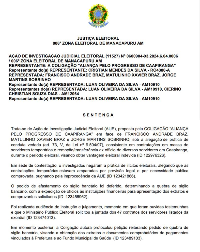 Documentos do processo da justiça eleitoral sobre a cassação do prefeito de Caapiranga no Amazonas.