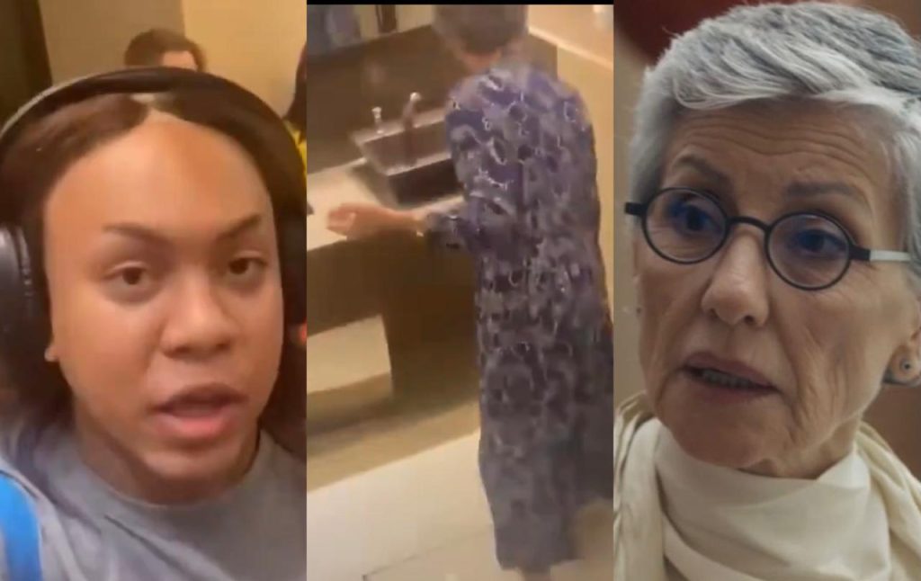 Atriz Cássia Kis em banheiro de shopping após ser acusada de transfobia por mulher trans.