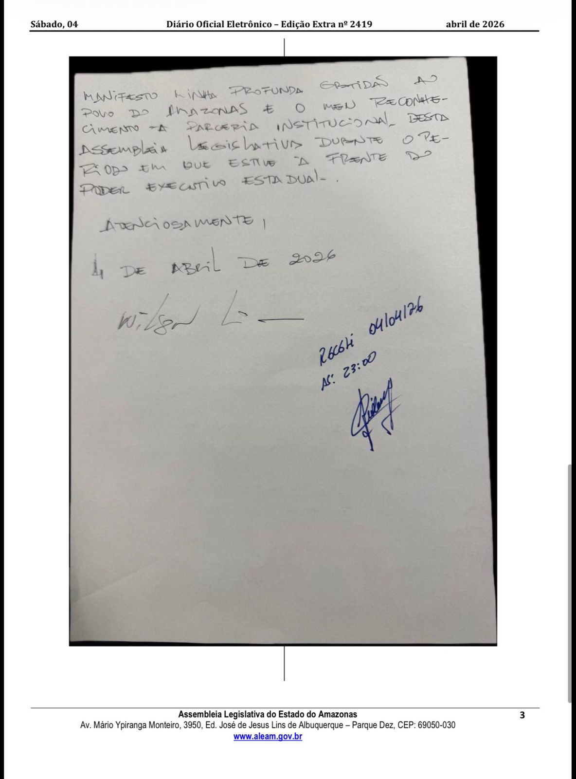 Fotografia de documento oficial assinado pelo governador Wilson Lima formalizando sua renúncia irrevogável ao cargo no Amazonas.