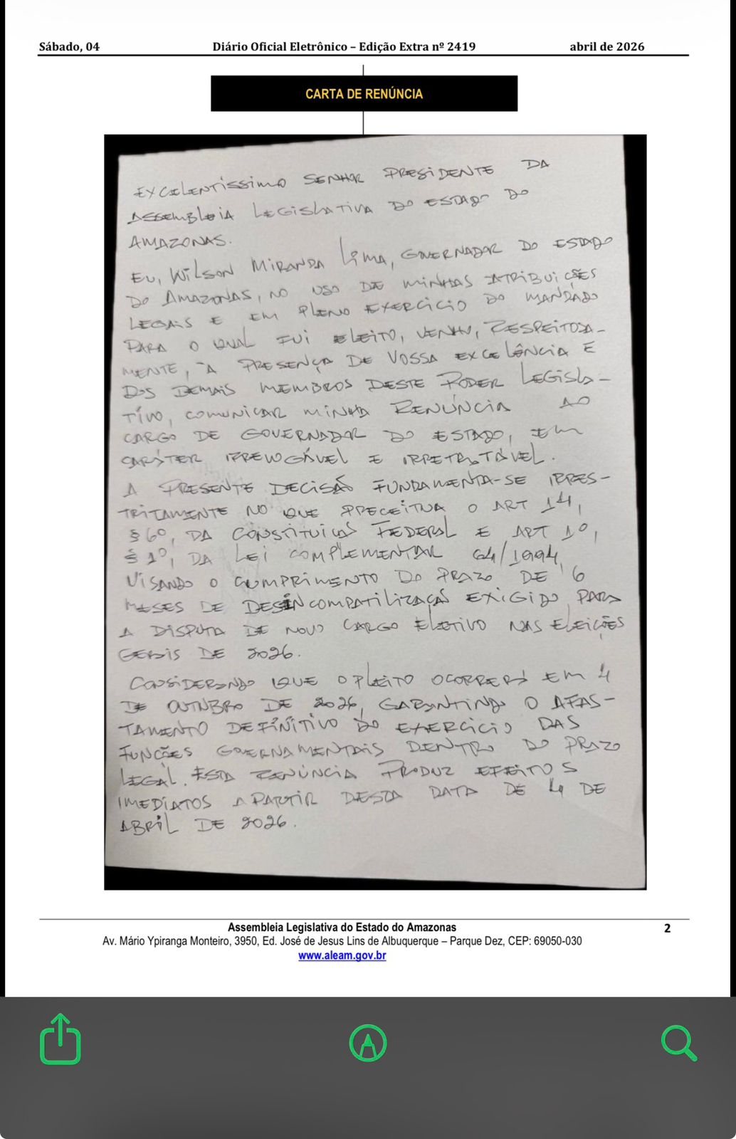 Fotografia de documento oficial assinado pelo governador Wilson Lima formalizando sua renúncia irrevogável ao cargo no Amazonas.