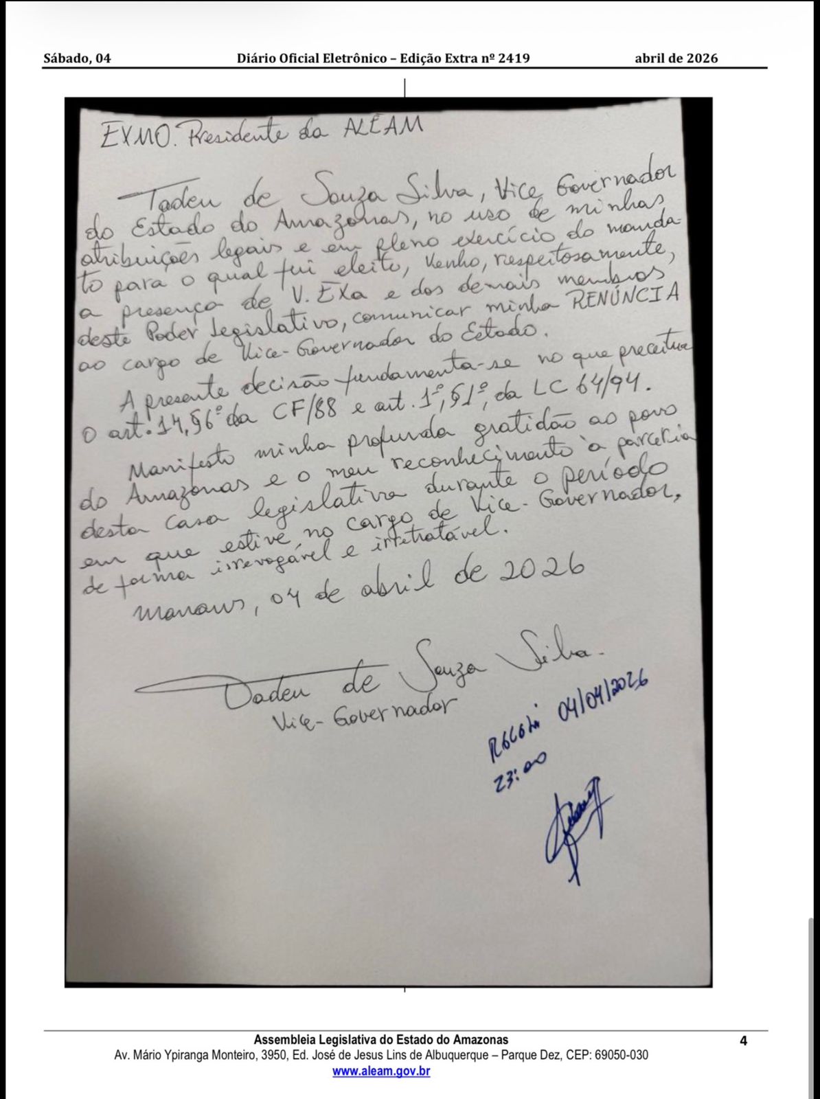 Fotografia de documento oficial assinado pelo governador Wilson Lima formalizando sua renúncia irrevogável ao cargo no Amazonas.
