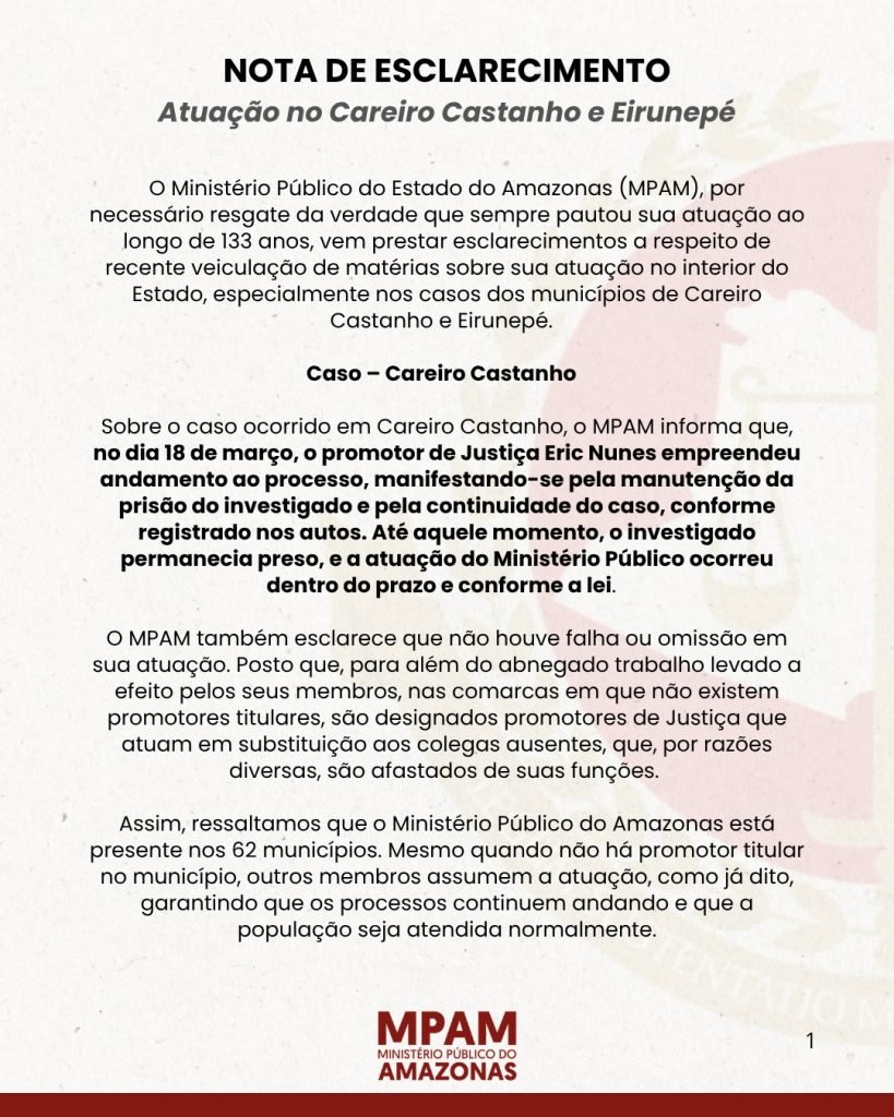 Logotipo do Ministério Público do Amazonas em destaque para nota oficial sobre atuação em municípios do interior.
