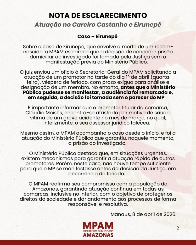 Logotipo do Ministério Público do Amazonas em destaque para nota oficial sobre atuação em municípios do interior.