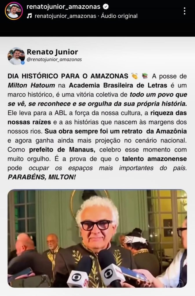 O prefeito de Manaus Renato Junior celebra a entrada do escritor Milton Hatoum na Academia Brasileira de Letras.