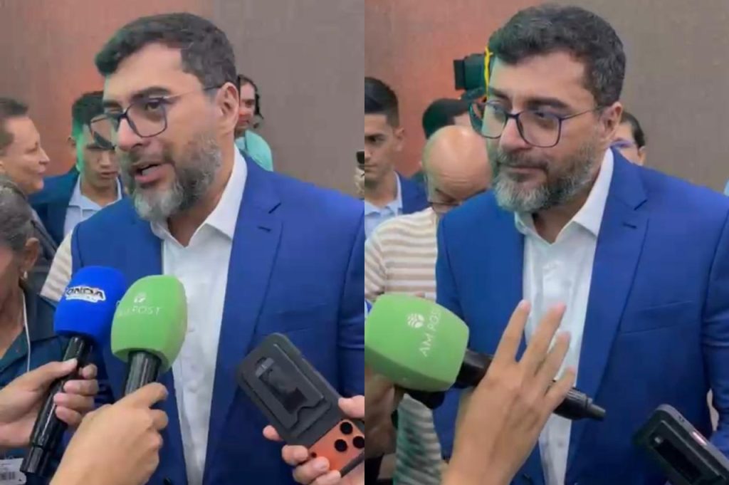 Wilson Lima discursa na abertura do VI Feclam na Assembleia Legislativa do Amazonas cercado por autoridades e vereadores
