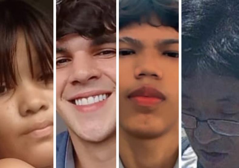 Colagem de fotos de quatro pessoas desaparecidas em Manaus com o logotipo da Polícia Civil do Amazonas