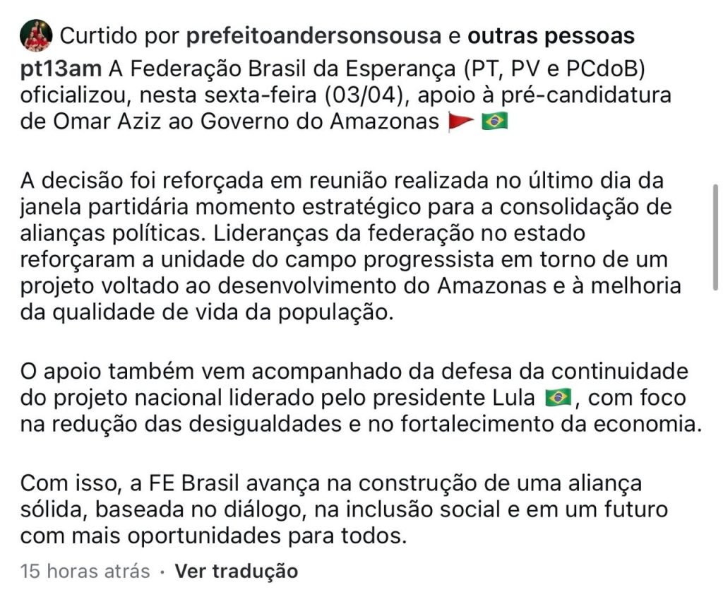 O senador Omar Aziz durante anúncio de apoio da federação brasil da esperança para sua pré candidatura ao governo do amazonas