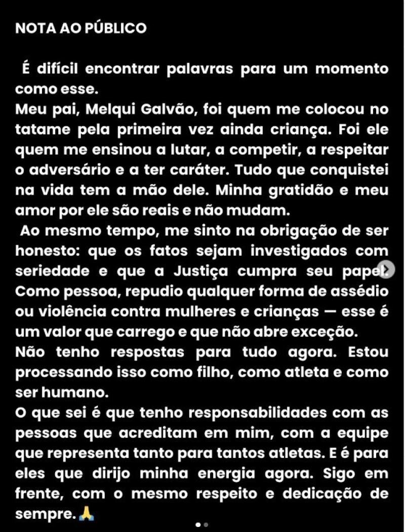 atleta mica galvão se pronunciando sobre a situação do pai