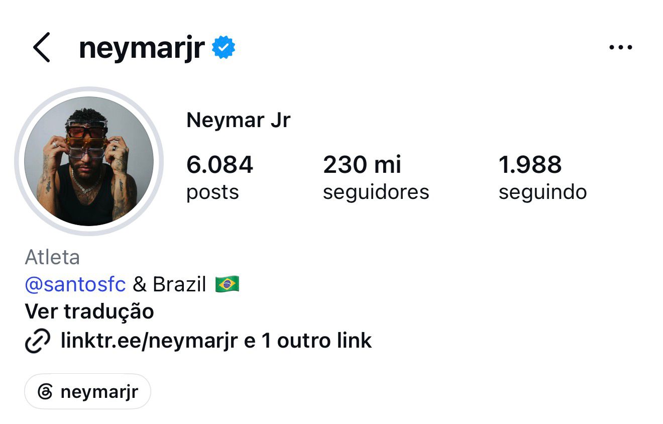 Neymar atualiza sua biografia no Instagram incluindo Santos e Brazil