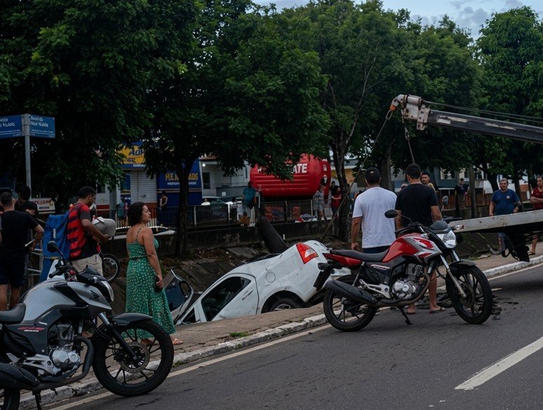 carro caída dentro de igarapé na Avenida Brasil em Manaus