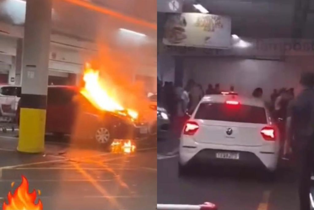 Carro modelo Celta pegando fogo no estacionamento do supermercado DB na Ponta Negra em Manaus