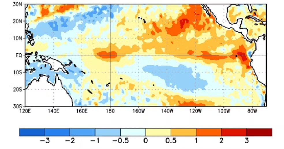 mapa de anomalias de temperatura da superfície do mar no pacífico