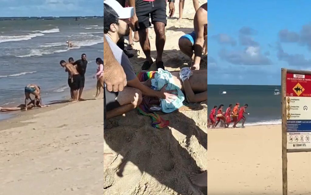 Equipes de resgate prestam socorro a um menino de 11 anos após ataque de tubarão na Praia de Piedade em Pernambuco.