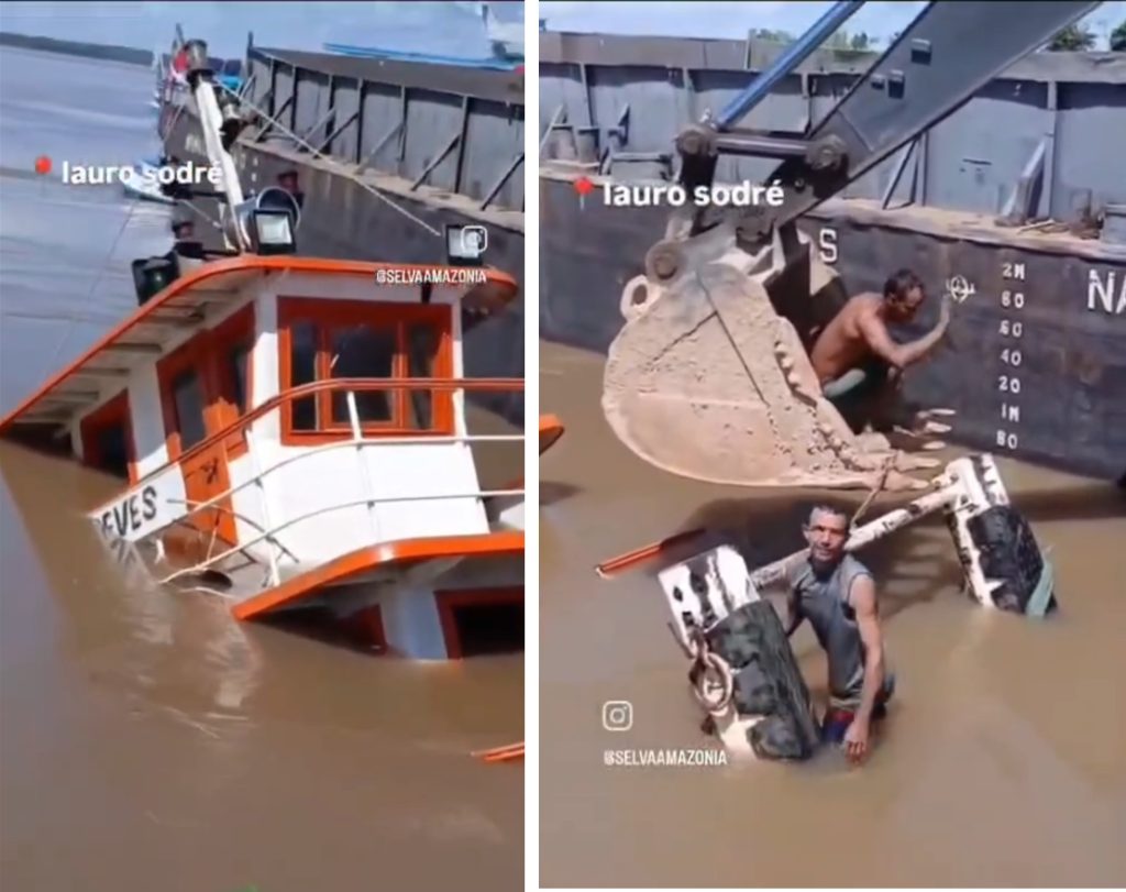 Embarcação empurrador afundando no Rio Solimões em Coari
