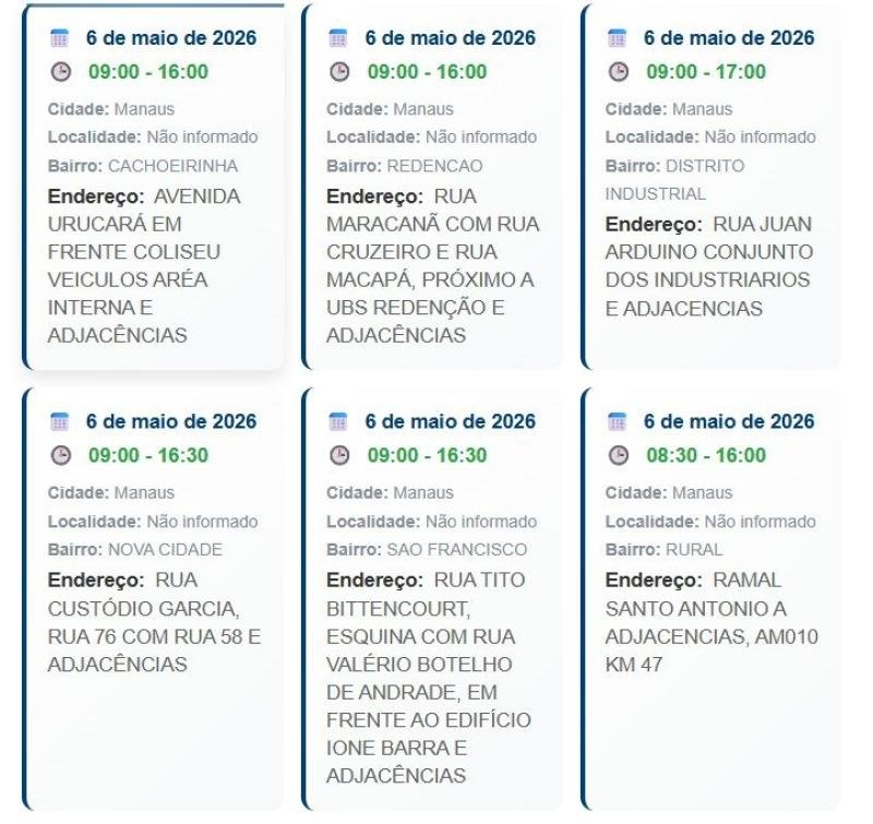 Imagem de divulgação sobre interrupção de energia em Manaus