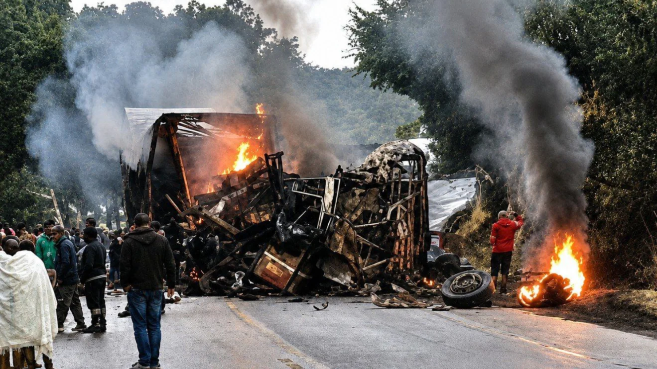 acidente entre ônibus e carreta na br-251 com veículos em chamas