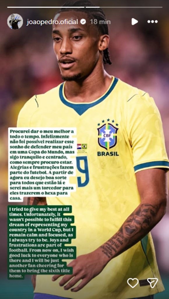 Imagem de João Pedro se manifestando nas redes sociais sobre sua exclusão da Seleção Brasileira