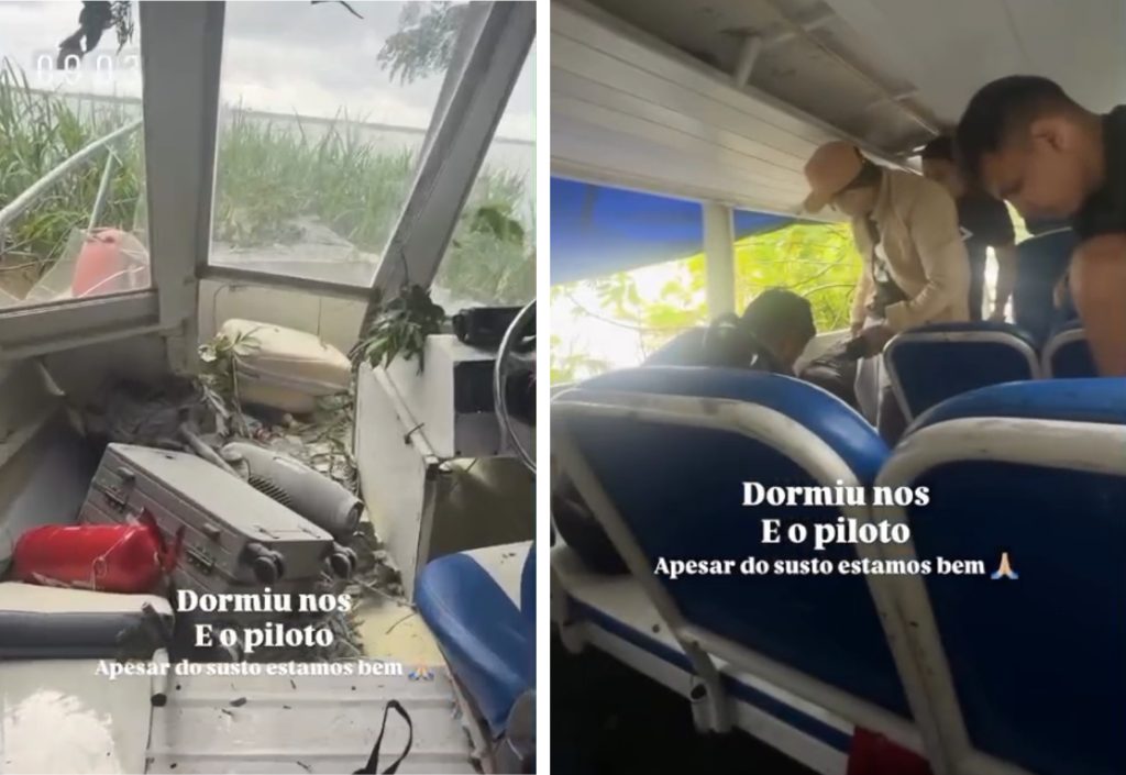 Imagem da lancha da banda Forró Ideal encalhada no Rio Solimões