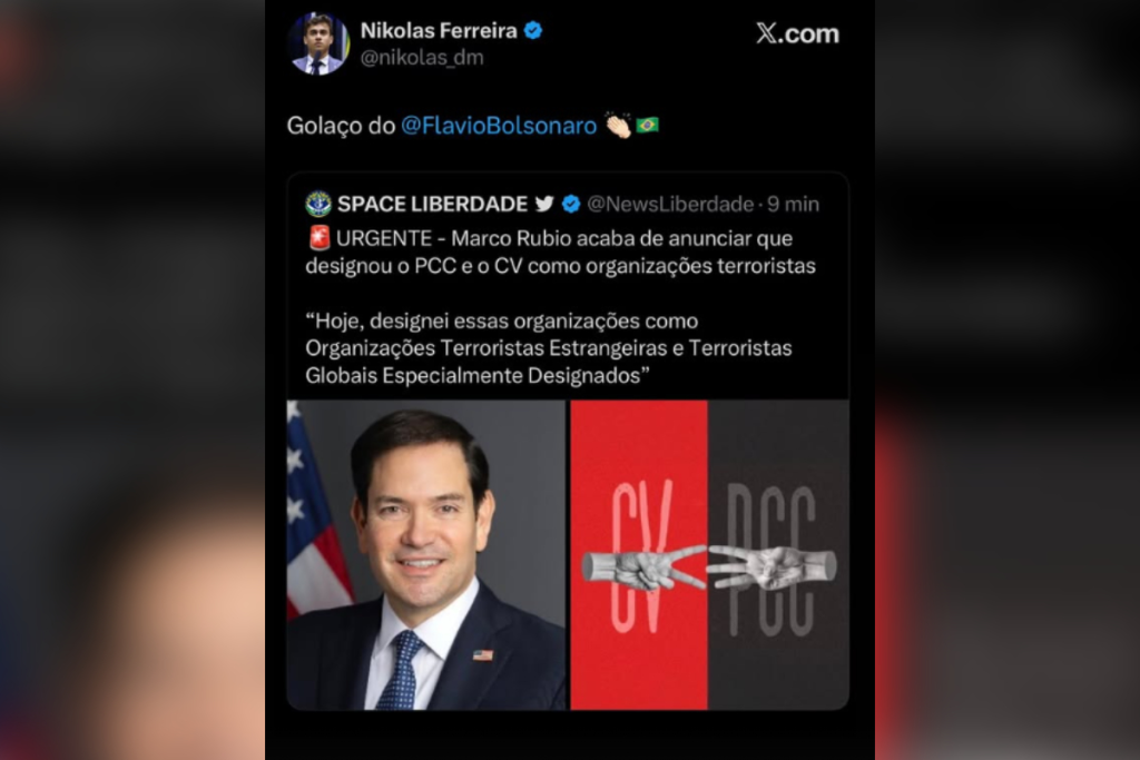 Deputado Nikolas Ferreira comemora decisão dos EUA sobre organizações narcoterroristas