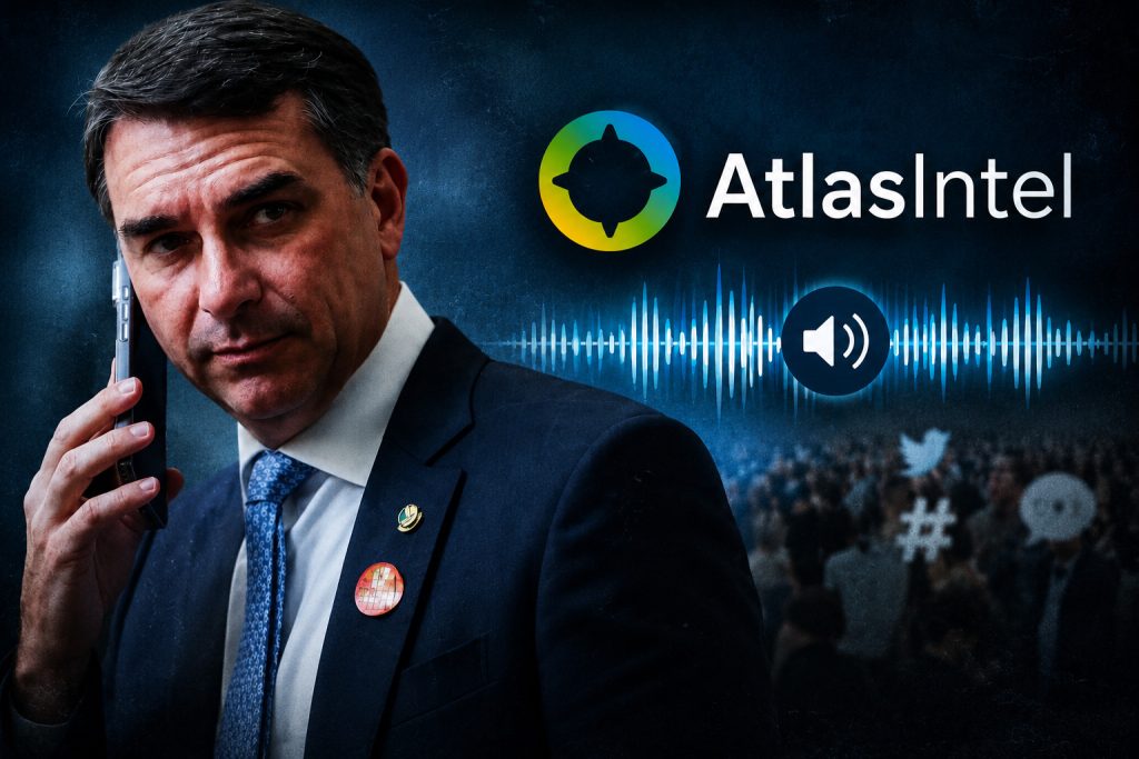 imagem da pesquisa eleitoral da atlasintel com áudio de flávio bolsonaro