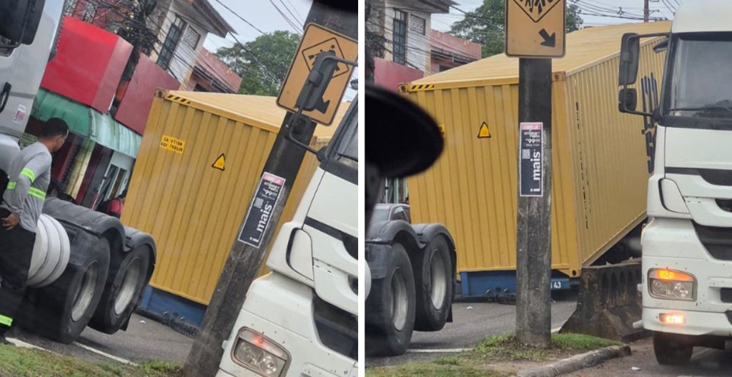 Contêiner tombado na Avenida Rodrigo Otávio bloqueando pista em Manaus