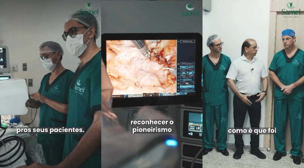 Equipe médica realizando a primeira cirurgia robótica do Amazonas com a plataforma Da Vinci X no Grupo Samel.