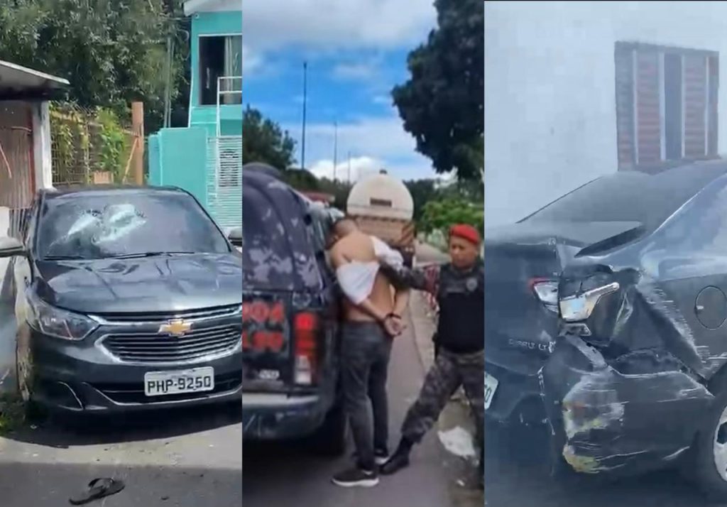 Carro danificado após tentativa de fuga do suspeito de importunação sexual em Manaus.