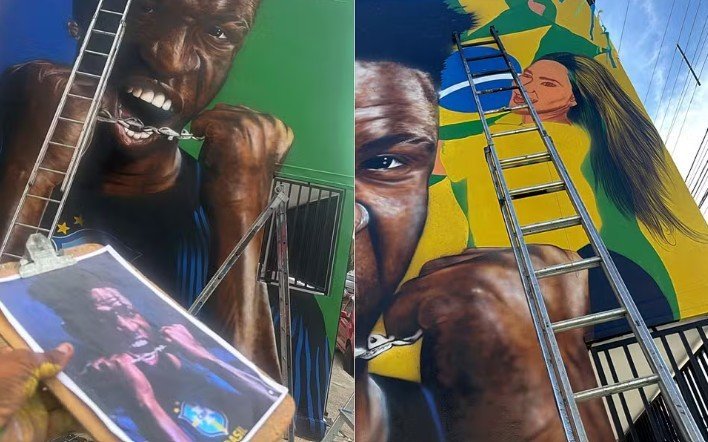 Mural na Rua República da Argentina destacando Vinícius Júnior após a remoção de Virginia Fonseca