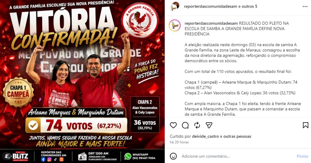 Arleane Marques durante evento de eleição como presidente da escola de samba A Grande Família