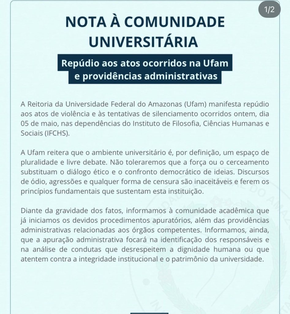 Imagem de repúdio da Ufam após confusão com vereador no campus