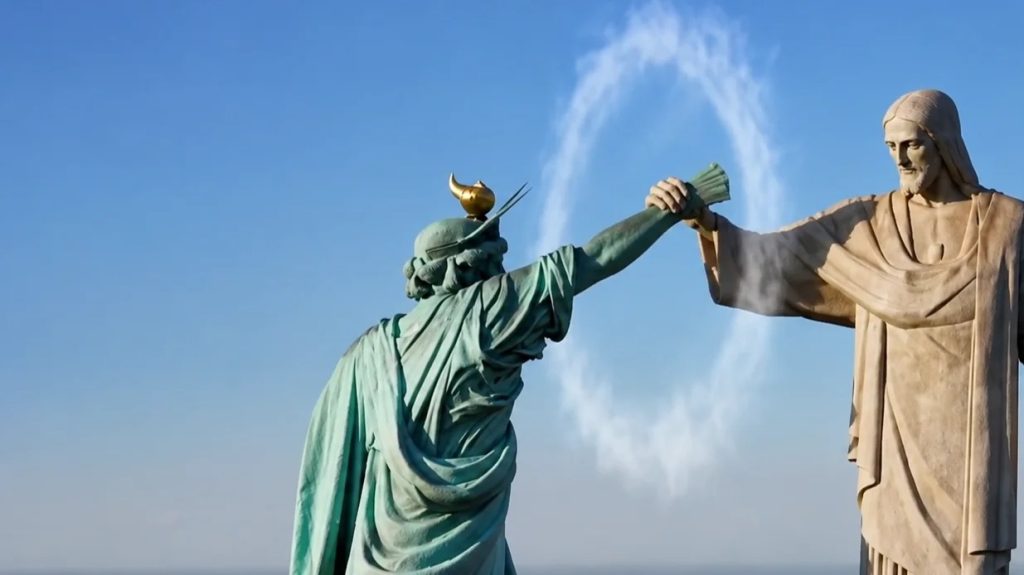 video de luta ficticia entre cristo redentor e estatua da liberdade