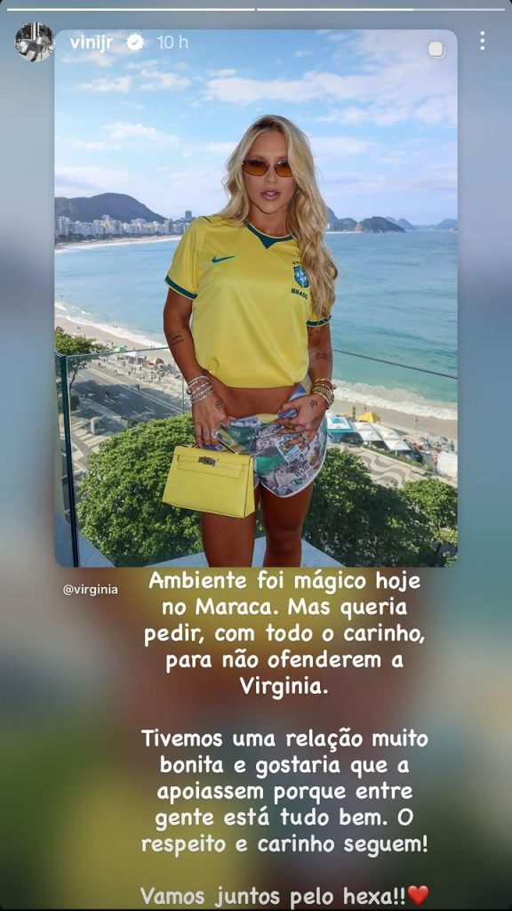 Montagem com fotos de Vinícius Júnior com a camisa da seleção brasileira e da influenciadora Virginia Fonseca em suas redes sociais.