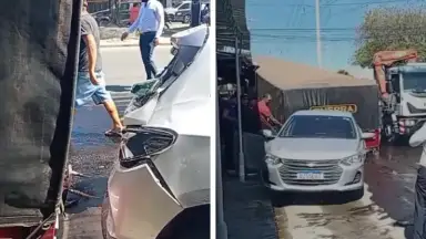 Parte traseira de carreta se desprende e atinge carro na Avenida Itaúba em Manaus