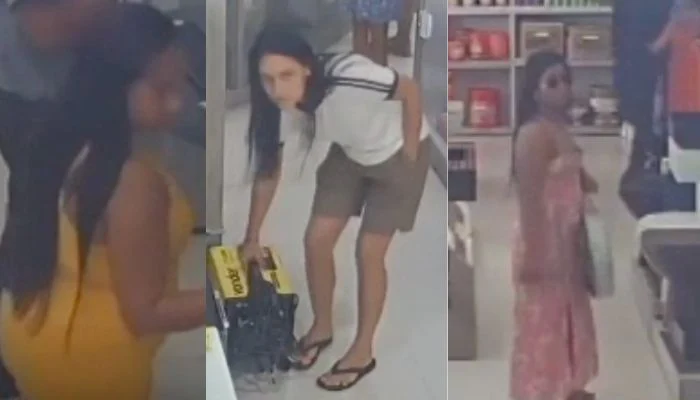 Imagens de câmeras de segurança mostram trio de mulheres furtando máquina de solda em loja
