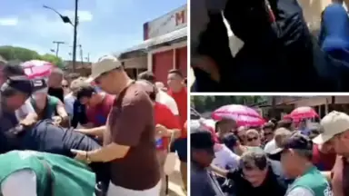 Eduardo Braga cai em buraco durante visita a Urucurituba de obra feita com emenda parlamentar